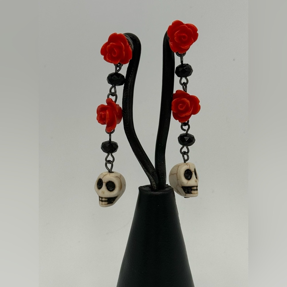 Adorable Unique Skull and Rose Dangle Earrings Ceramic